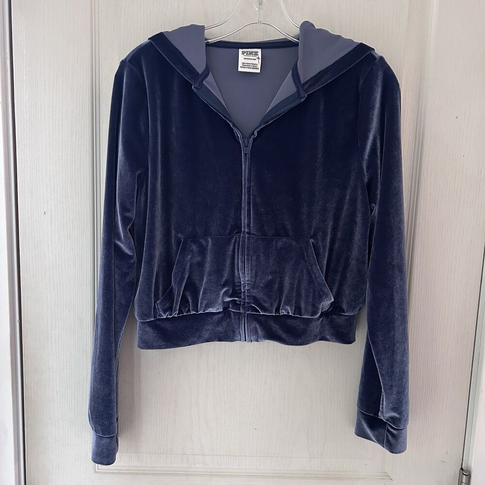 PINK Victoria's Secret Velour Cropped Hoodie Blue Velvet Y2K Rhinestone Small - Picture 12 of 13